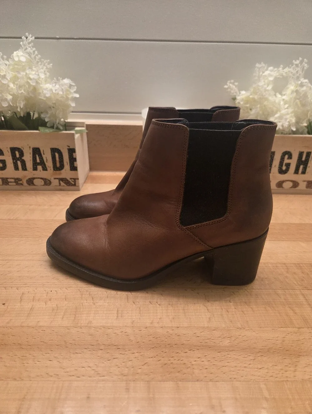 Clarks Mascarpone Bay Ankle Boots Brown Leather Block Heel Women's Size 7